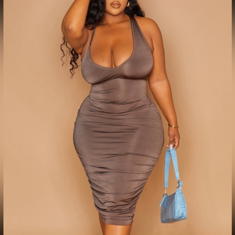 Chocolate Slinky Ruched Side Midaxi Dress